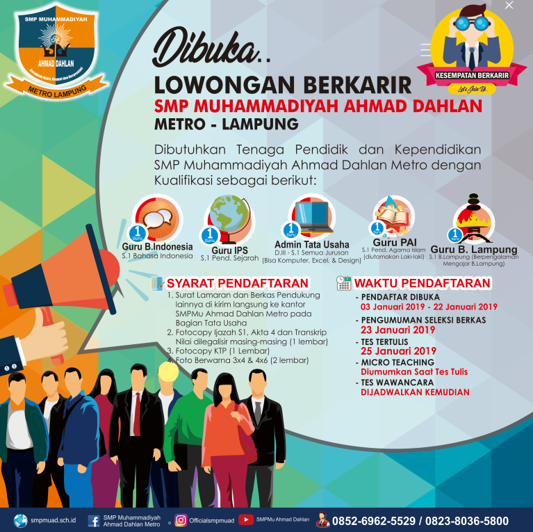 Kesempatan Berkarir Bersama Keluarga Besar SMP Mu Ahmad Dahlan Metro 2019