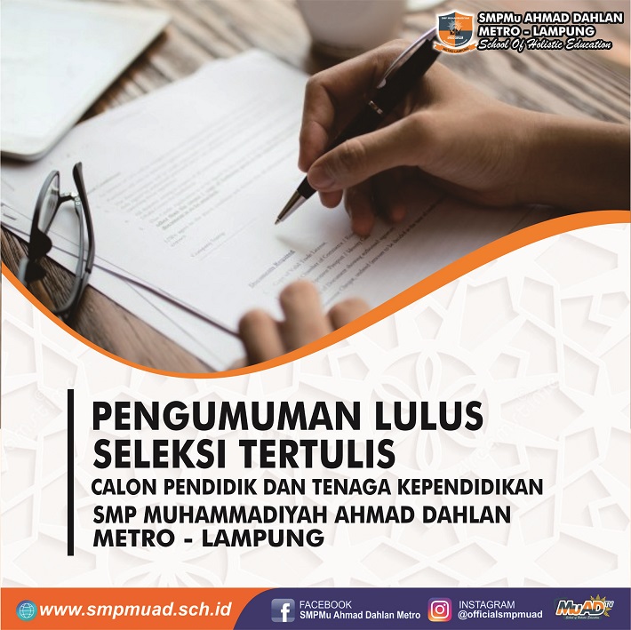 PENGUMUMAN LOLOS SELEKSI TERTULIS CALON PTK SMPMu AHMAD DAHLAN METRO FEBRUARI 2026